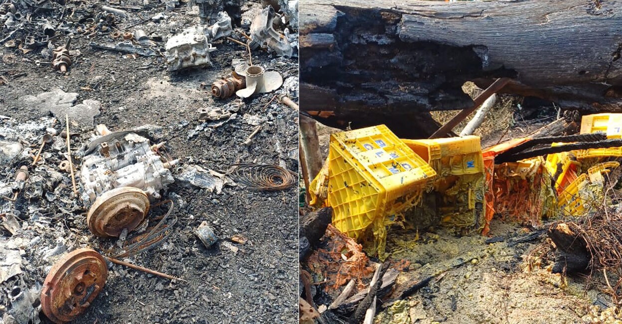 chaliyam-fire-report Dozens of boat engines and motors (left) and at least 3,000 plastic fish boxes (right) were gutted in the fire. Photo: Special arrangement