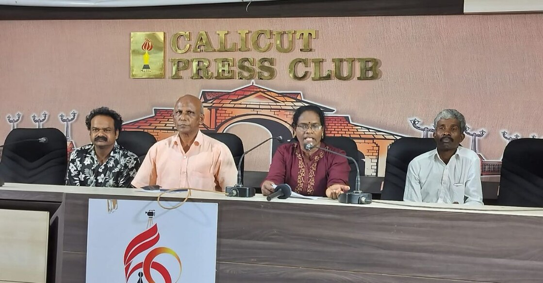Adivasi Gothra Mahasabha leaders CK Janu and M Geethanandan addressing the media at a press conference in Kozhikode on Monday. Photo: Special Arrangement