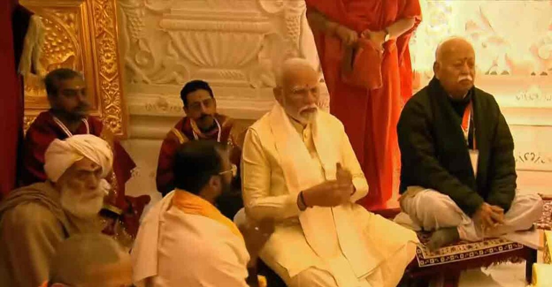 Prime Minister Narendra Modi at newly constructed Ram temple in Ayodhya during consecration ceremony. Photo: Screengrab/Manorama News