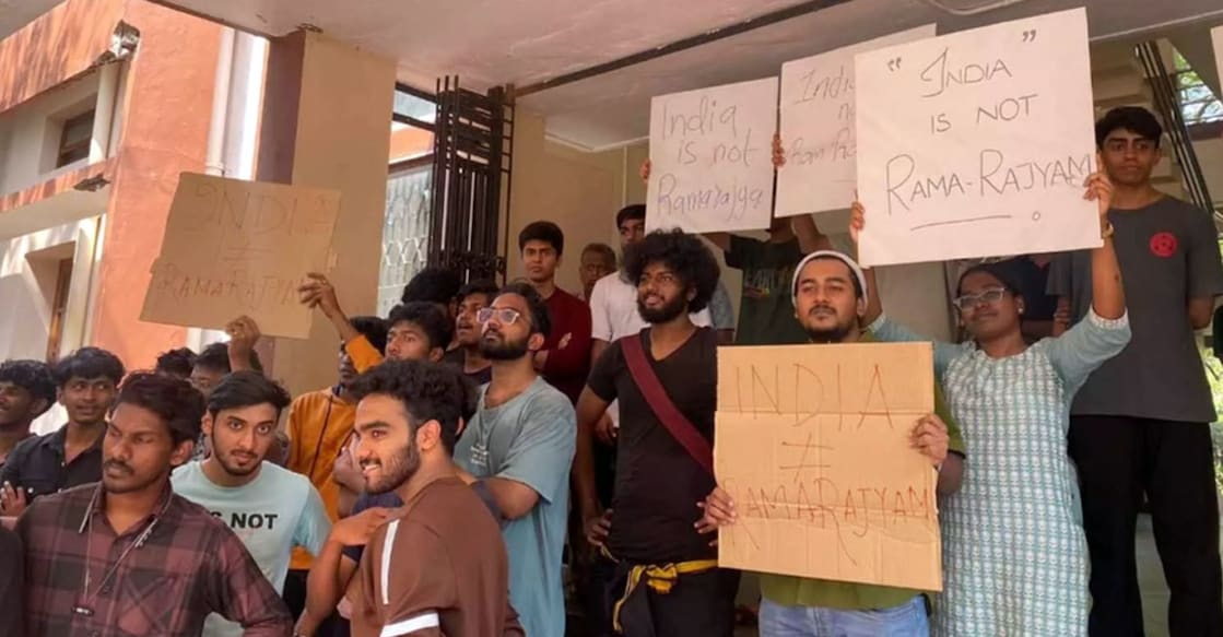 nit-rama-rajya-placard-protest Students protest with a placard with the words 'India not a rama rajya' in English and Malayalam on the NIT-Calicut campus on Monday. Photo: Special arrangement