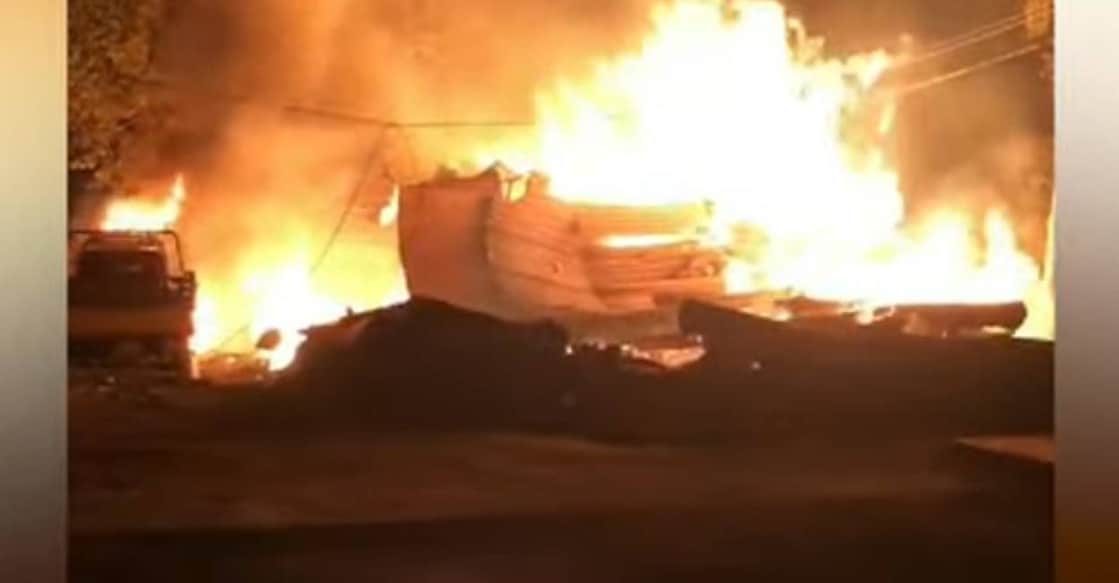 The timber mill caught fire in the wee hours of Tuesday. Photo: Screengrab/ Manorama