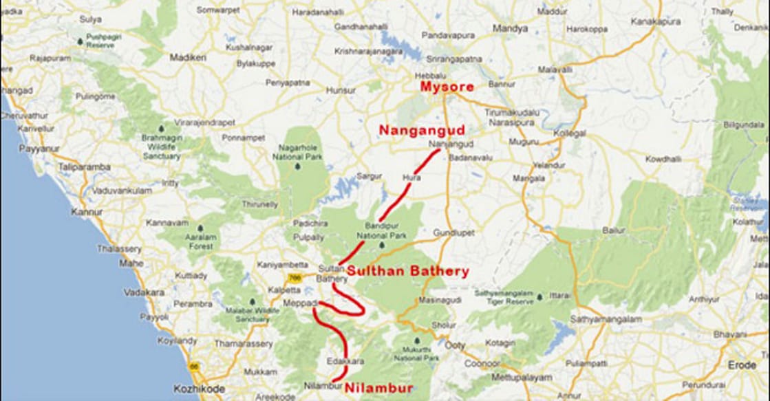A map showing the proposed railway route connecting Nilambur and Nanjangud. Graphic: Special arrangement