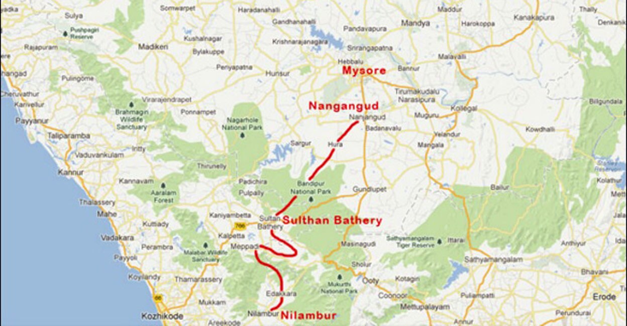 A map showing the proposed railway route connecting Nilambur and Nanjangud. Graphic: Special arrangement