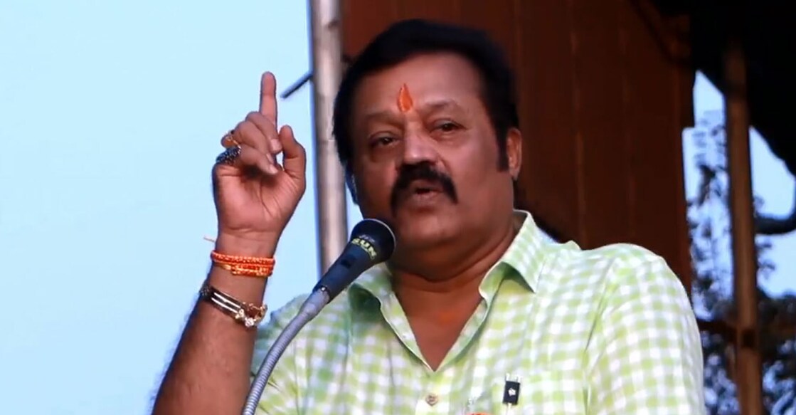 Suresh Gopi speaks during a meeting as part of BJP's Kerala Padayatra in Kannur on Monday. Photo: Screengrab/Facebook@BJP4keralam