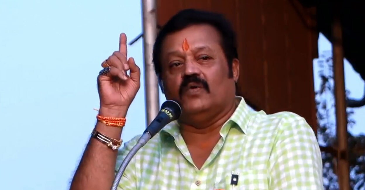 Suresh Gopi speaks during a meeting as part of BJP's Kerala Padayatra in Kannur on Monday. Photo: Screengrab/Facebook@BJP4keralam