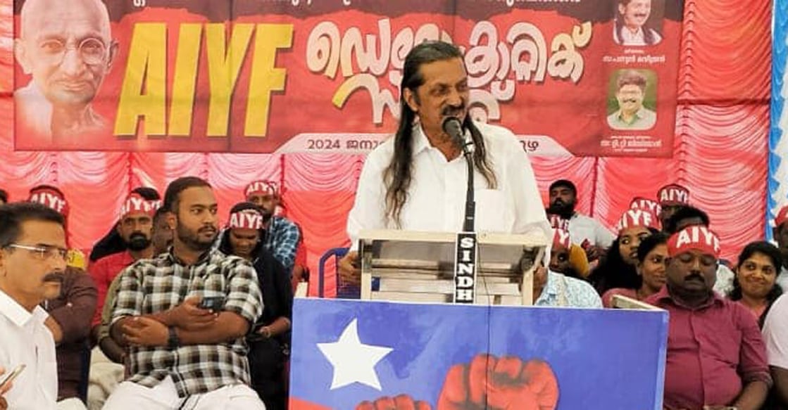 Pannyan Raveendran speaks at the ‘Democratic Street’ event of the AIYF in Alappuzha on Tuesday. Photo: Facebook/@aiyfkeralaofficial