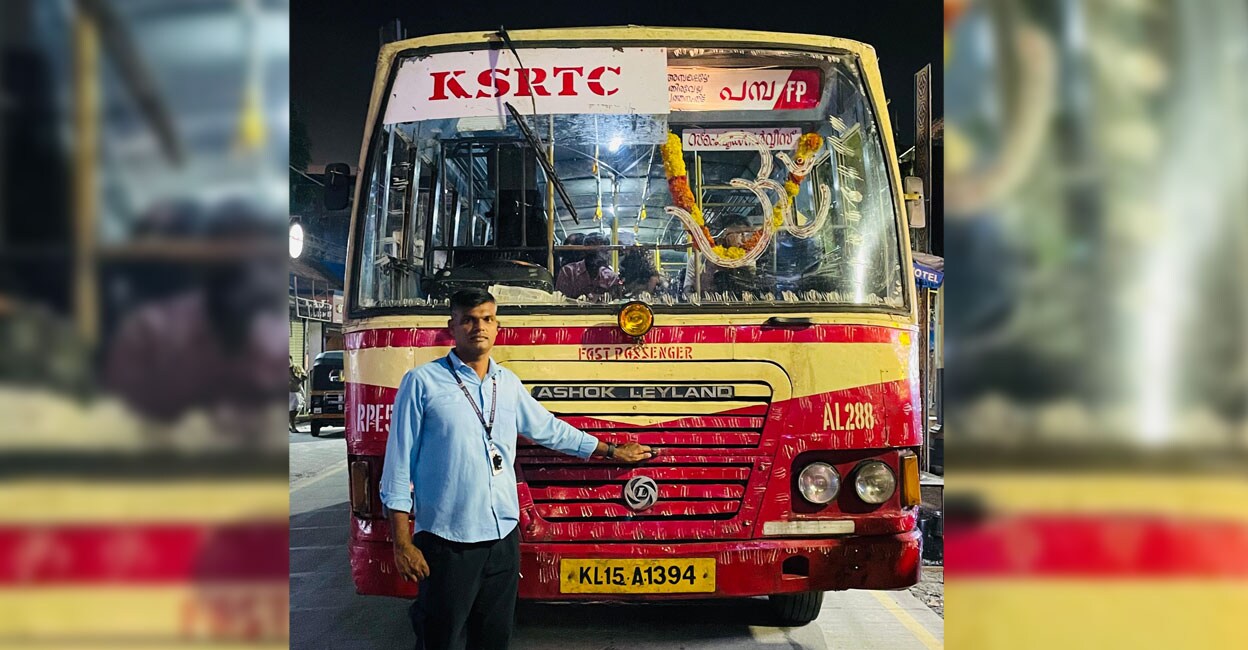 A KSRTC staff in front of a Sabarimala special service. Photo: Special arrangement