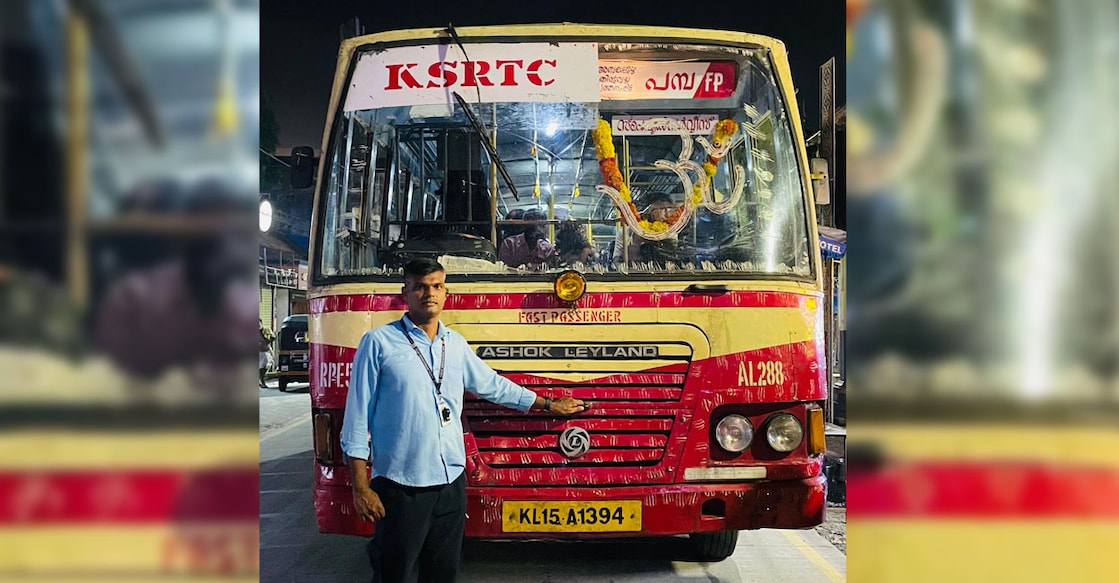 ksrtc-sabarimala-service A KSRTC staff in front of a Sabarimala special service. Photo: Special arrangement