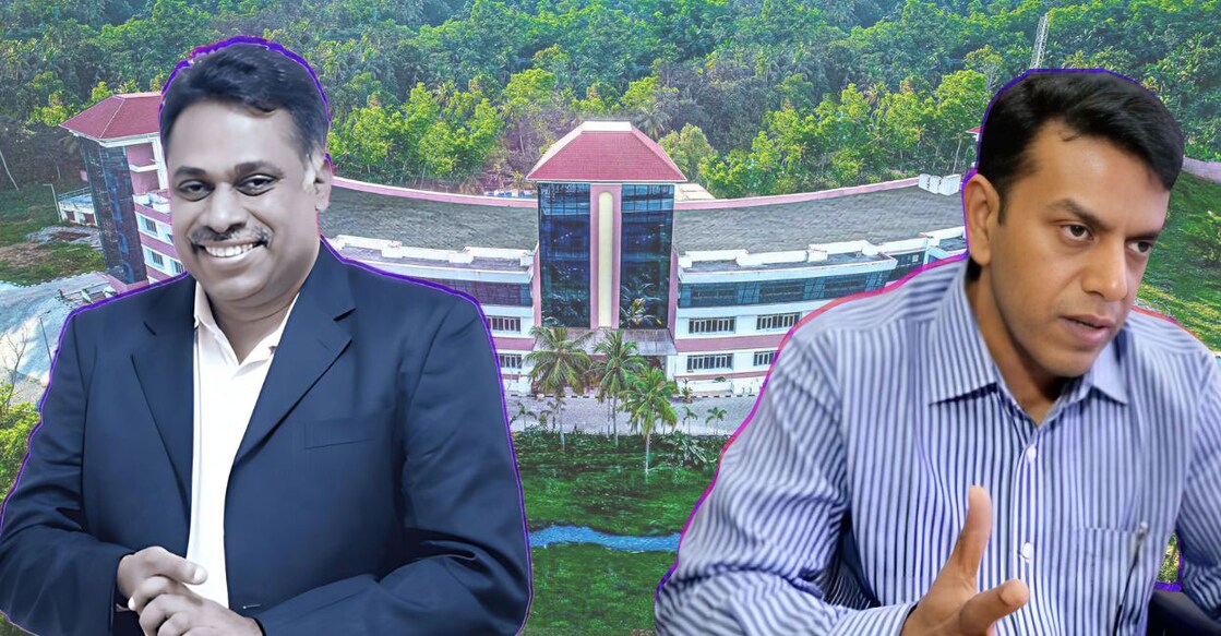Whistleblower organisation Save University Campaign Committee has alleged that name of Prof Saji Gopinath (left) came on the government's panel for VCs as a reward for allegedly selecting VS Achuthanandan's son V A Arunkumar (right) as the director of IHRD. Collage made using Canva