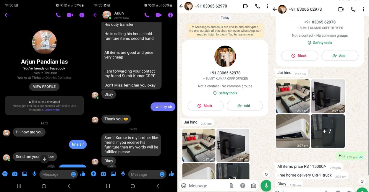 cyber-fraudsters-thrissur.jpg Screenshots of Facebook and WhatsApp chats. Photo: Special Arrangement
