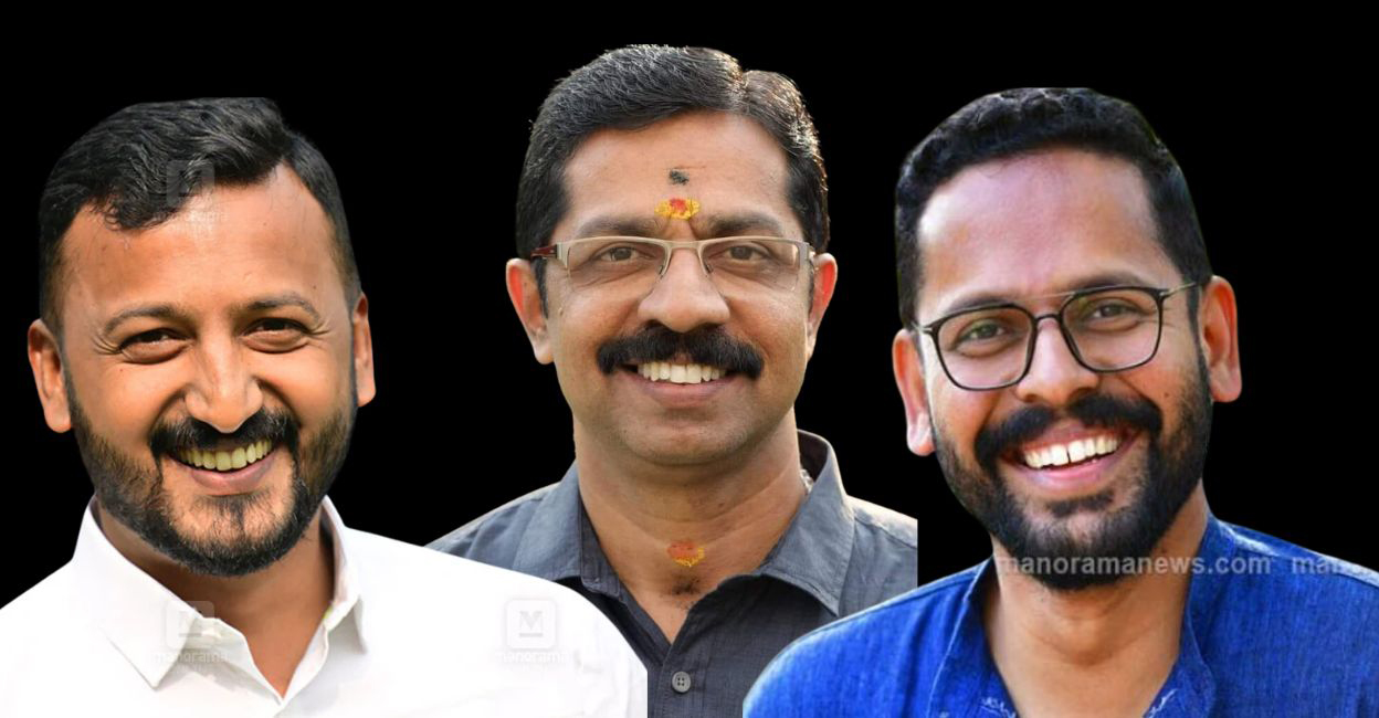 palakkad byelction Rahul Mamkootathil, C Krishnakumar, P Sarin. File Photo: Manorama
