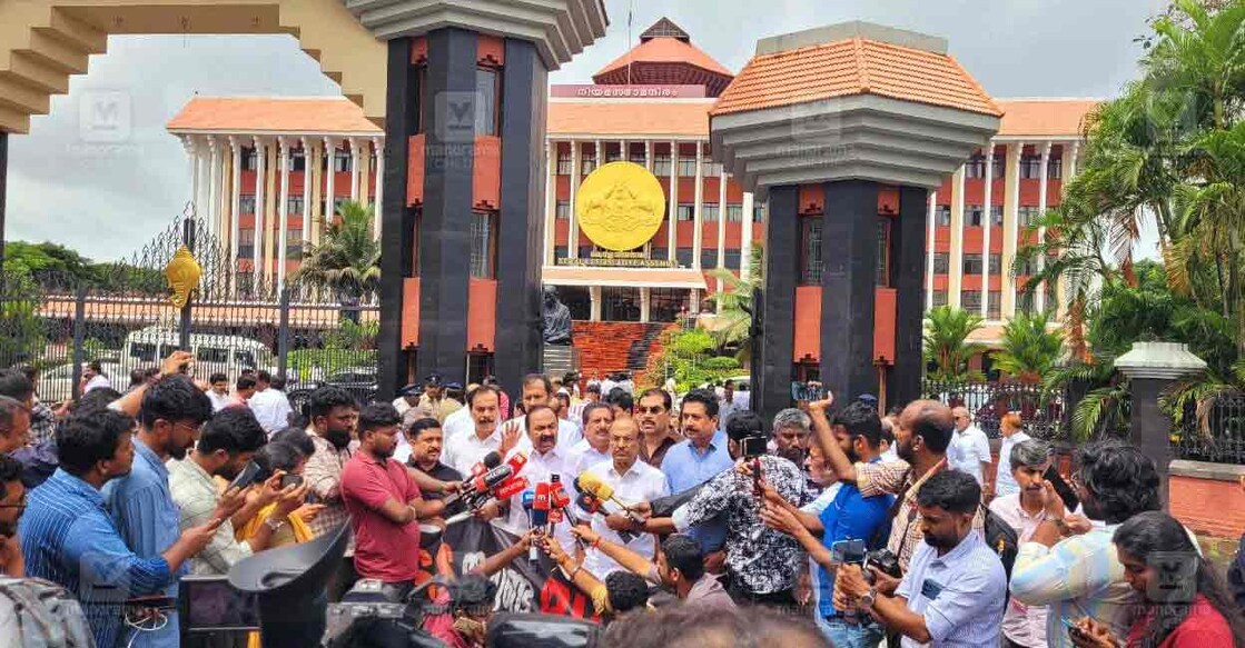 UDF leaders speak to the press outside the Kerala assembly. Photo: Manorama