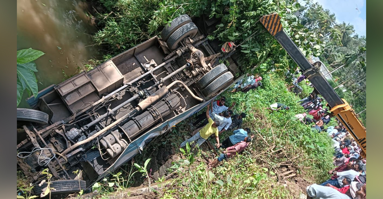 kozhikode bus accident The KSRTC bus, which fell into river being lifted using a crane. Photo: Special Arrangement
