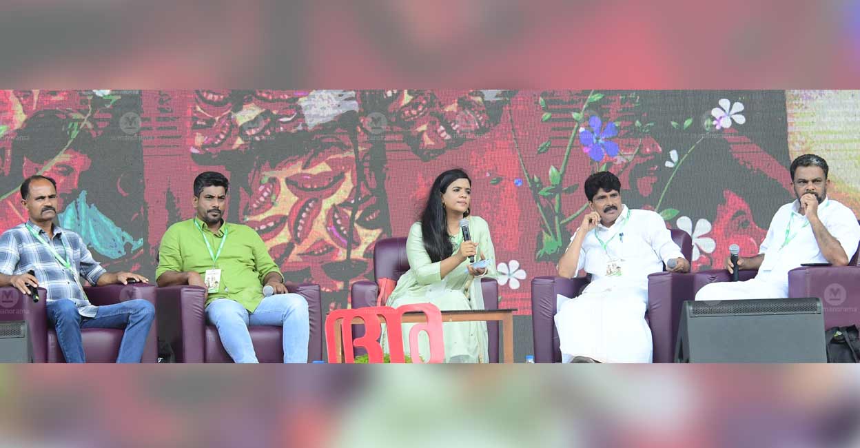 T Siddique MLA speaking at the session 'Wayanad: Voices from the Ravaged Land' at the mein venue of the Manorama Hortus in Kozhikode. J J Manoj, Noufal Mundakkai, moderator Shani Prabhakar, C K Nooruddin are also seen. Photo: Dhanesh TP/Manorama