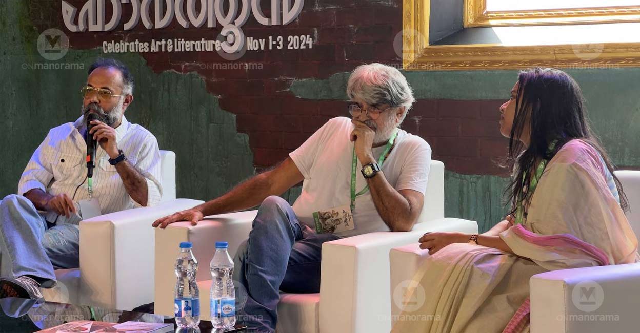 Short story writer Unni R speaks at the session on 'Images and Words: Two Worlds of Creative Experiences' as cinematographer Venu and Pooja Priyadarshini listen at Manorama Hortus in Kozhikode. Photo: Special arrangement
