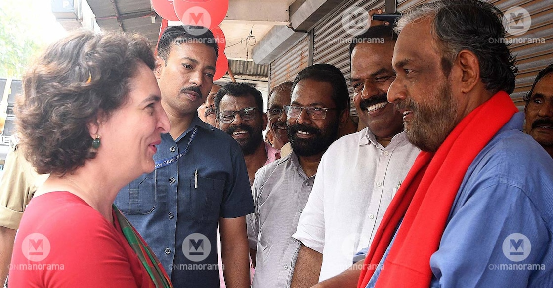 Priyanka Gandhi with CPI's Sathyan Mokeri. Photo: Manorama.