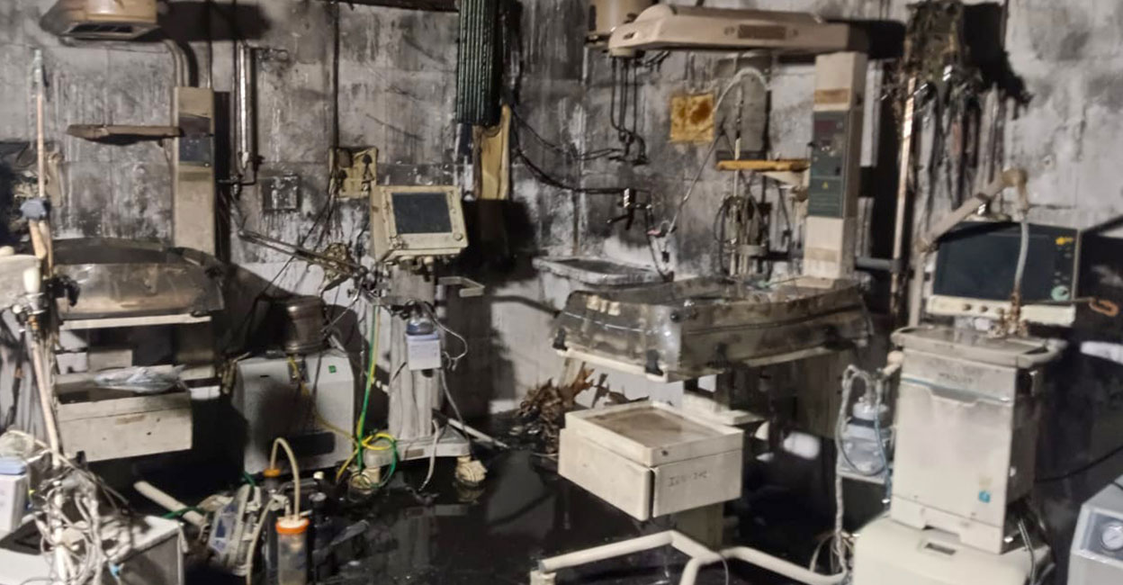 Charred remains inside the Neonatal Intensive Care Unit (NICU) after a fire at the Maharani Laxmi Bai Medical College in Jhansi on Saturday. Photo: PTI