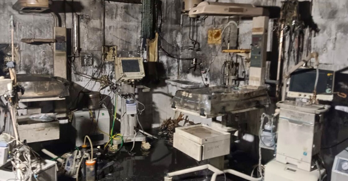 Charred remains inside the Neonatal Intensive Care Unit (NICU) after a fire at the Maharani Laxmi Bai Medical College in Jhansi on Saturday. Photo: PTI