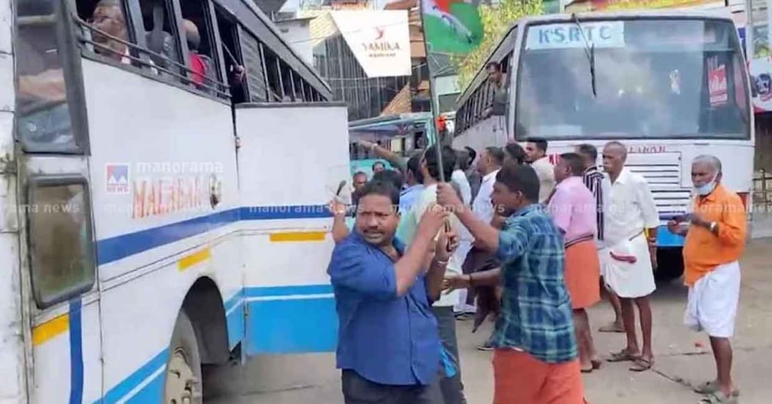 Protests during the hartal in Kozhikode on Sunday. Photo: Manorama News