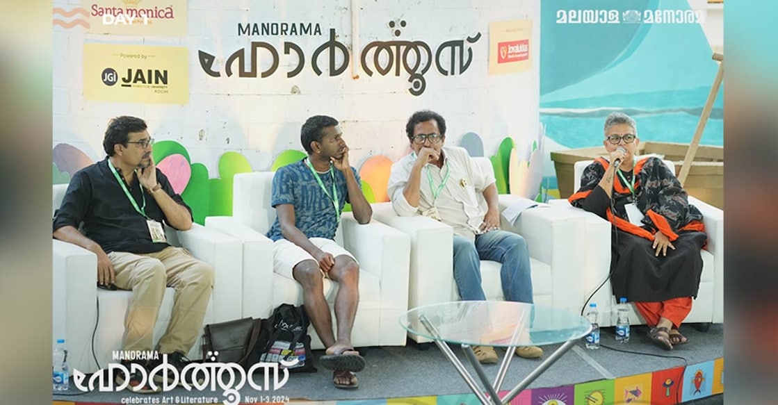deedi-damodaran-hortus-c Filmmaker Deedi Damodaran (extreme right) speaking at Manorama Hortus. Photo: Manorama