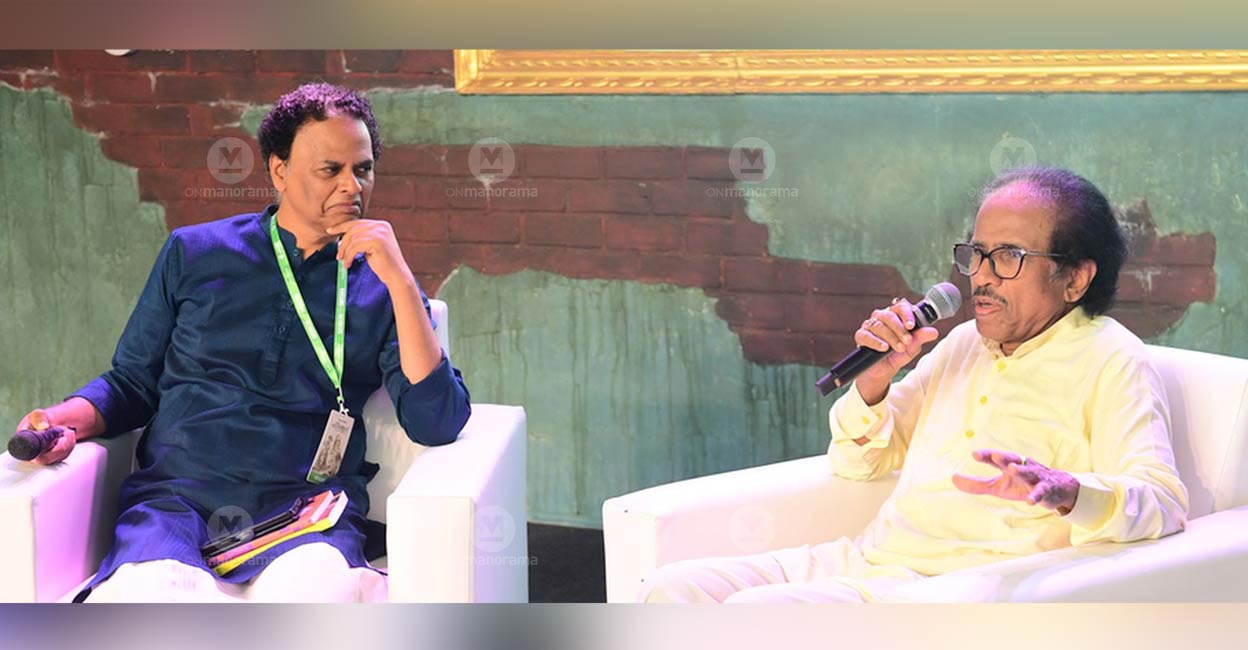 Renowned violinist L Subramaniam (R) in a discussion on 'Swaras and Stories' with noted music scholar Prof Achuthsankar S Nair. Photo: Dhanesh T P / Manorama