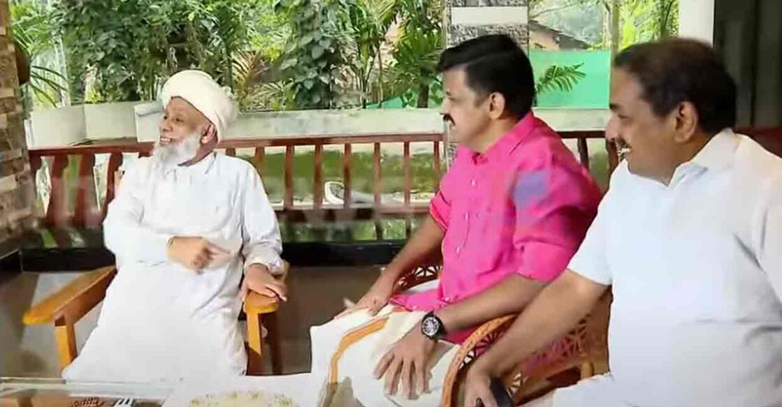 Sandee Varier meets Samastha leader Syed Jifri Muthukoya Thangal. Photo: Manorama News