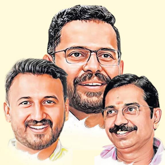 Rahul Mamkoottathil, P Sarin, and C Krishnakumar. Illustration: Manorama.