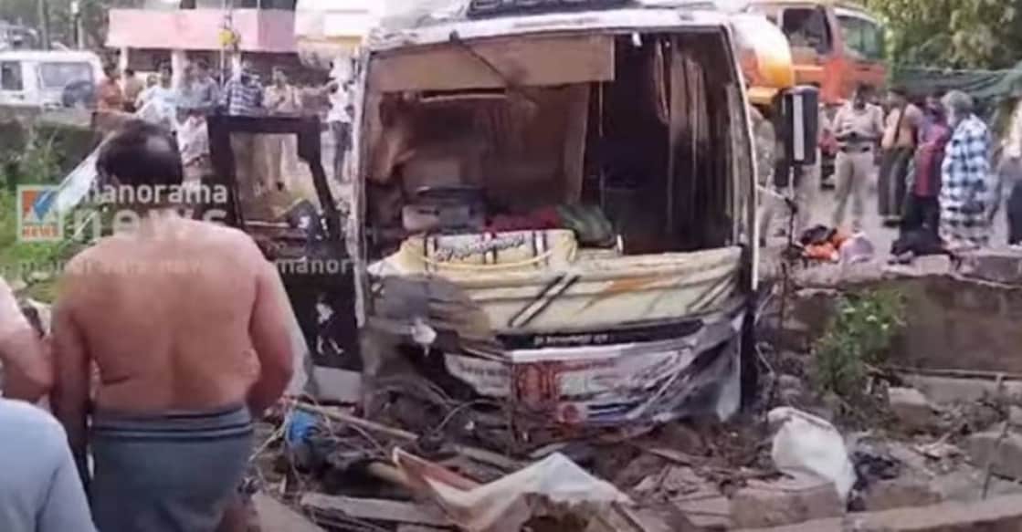 The bus was partially damaged in the accident. Photo: Screengrab/Manorama News