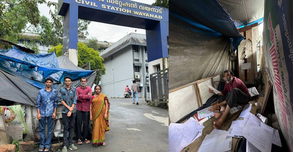 James, his wife Treesa, and children Vipin and Nithin in front of Wayanad Collectorate. Photo: Special arrangement. 