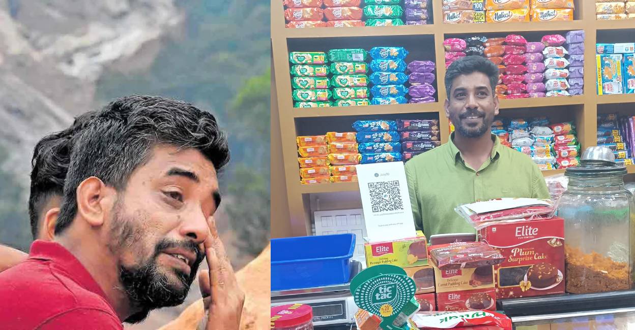 The photo collage features Noufal in tears at the landslide hit area (left) and at his new restaurant (right). Photo: Special Arrangement
