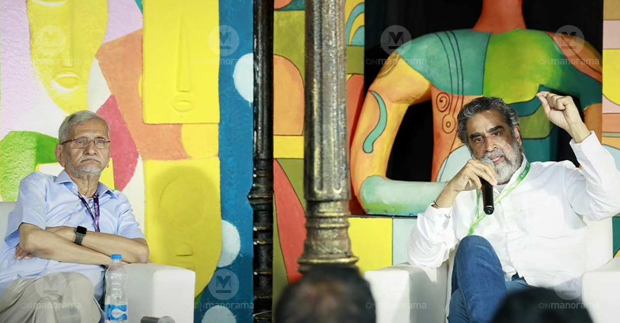 Writer and former civil servant NS Madhavan (L) and Hartosh Singh Bal, the executive editor of The Caravan magazine in a discussion on 'The Continuum of Majoritarian Mobilisation: Forty Years of Punjab '84'. Photo: Manorama