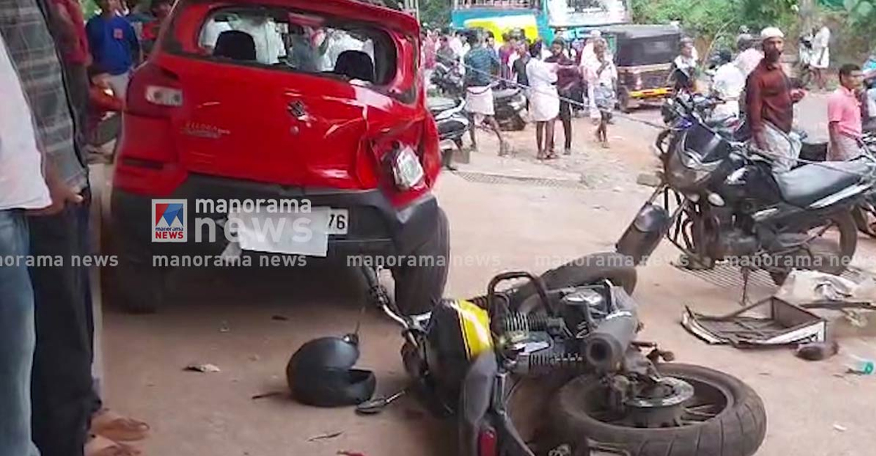 malappuram accident The out-of-control Taurus collided with an oncoming car, propelling into the two-wheeler. Photo: Manorama News