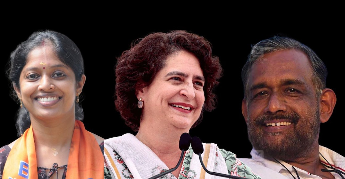 Navya Haridas, Priyanka Gandhi, Satyan Mokeri. Photo: Manorama