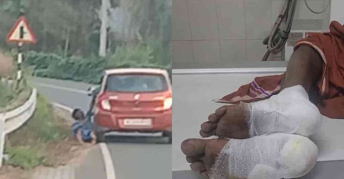 Screengrab from video of a tribal man being dragged along a road in Wayanad, injuries sustained by Mathan. Photo: Manorama