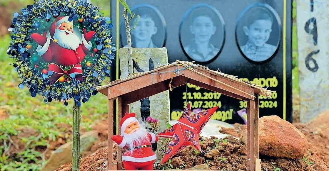 mass grave The Christmas decorations set up at the grave of Nived, Dhyan, and Ishan—siblings who lost their lives in the Wayanad landslides. Photo: Manorama