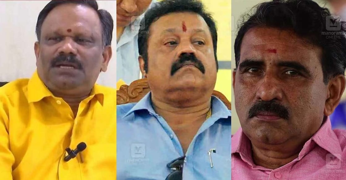 thrissur-pooram-fiasco Valsan Thillankeri, Suresh Gopi, B Gopalakrishnan. Photo: Manorama