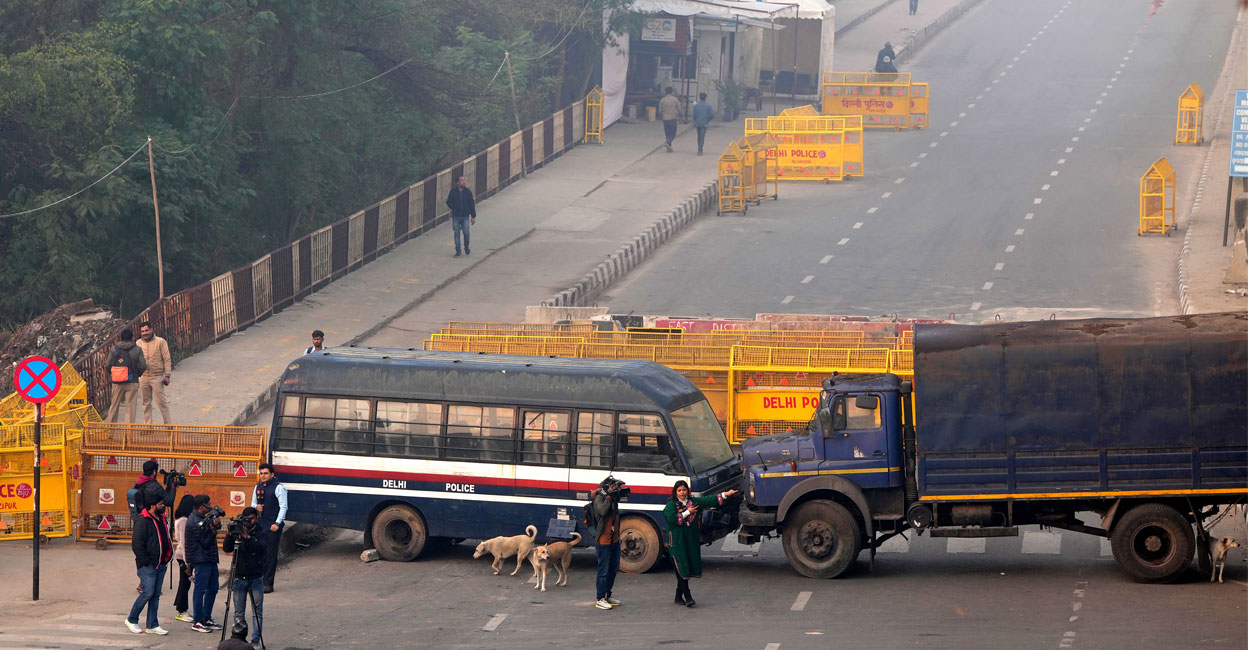 Police barricades put up at Ghazipur border given farmers' 'Delhi Chalo March', in New Delhi. Photo: PTI.