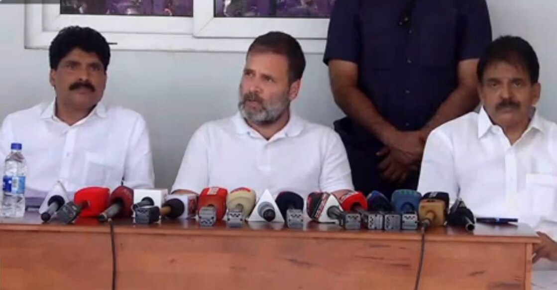Rahul Gandhi addresses media in Wayanad. Photo: Screengrab/ Manorama News