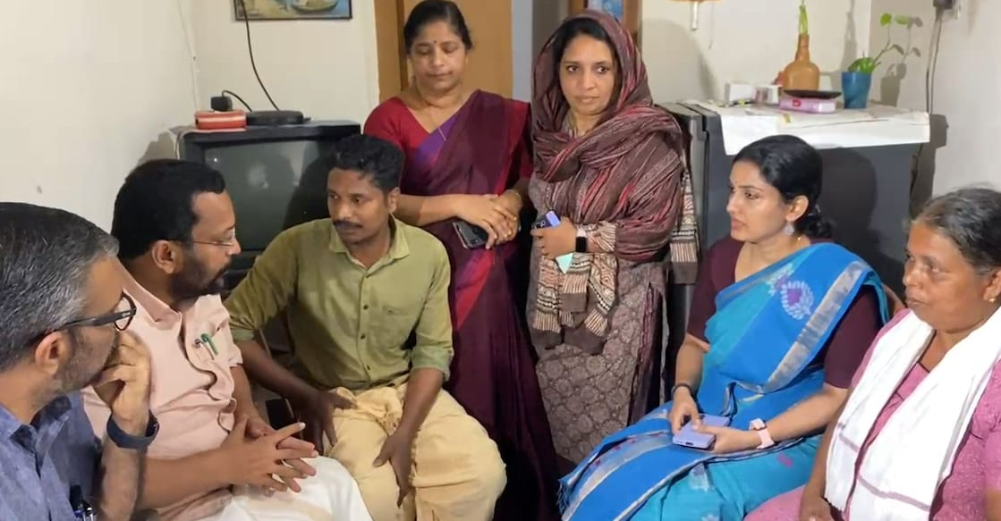 ministers-wayanad-wildlife-attack-victims-house Ministers M B Rajesh and K Rajan at the house of Paul P V, who was killed in an elephant attack. Wayanad Collector Renu Raj and North Wayanad DFO Shajna Karim (second and third from right respectively) also seen. Photo: Screengrab/Special arrangement