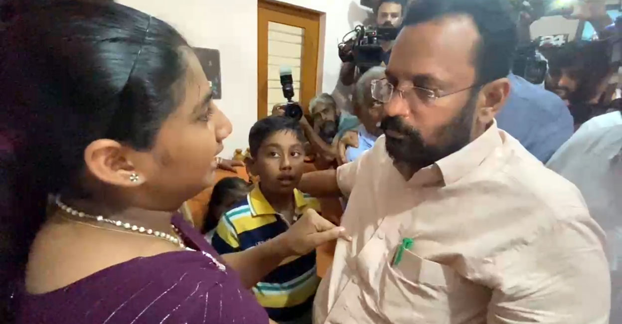 Alna and Alan, the children of elephant-attack victim Panachiyil Ajeesh, pose questions to ministers K Rajan and M B Rajesh at their house in Wayanad on Tuesday. Photo: Screengrab