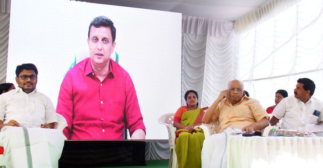 Public Works Minister P A Muhammad Riyas inaugurates the construction of Narani Bridge via videoconferencing on Tuesday. Photo: Special arrangement