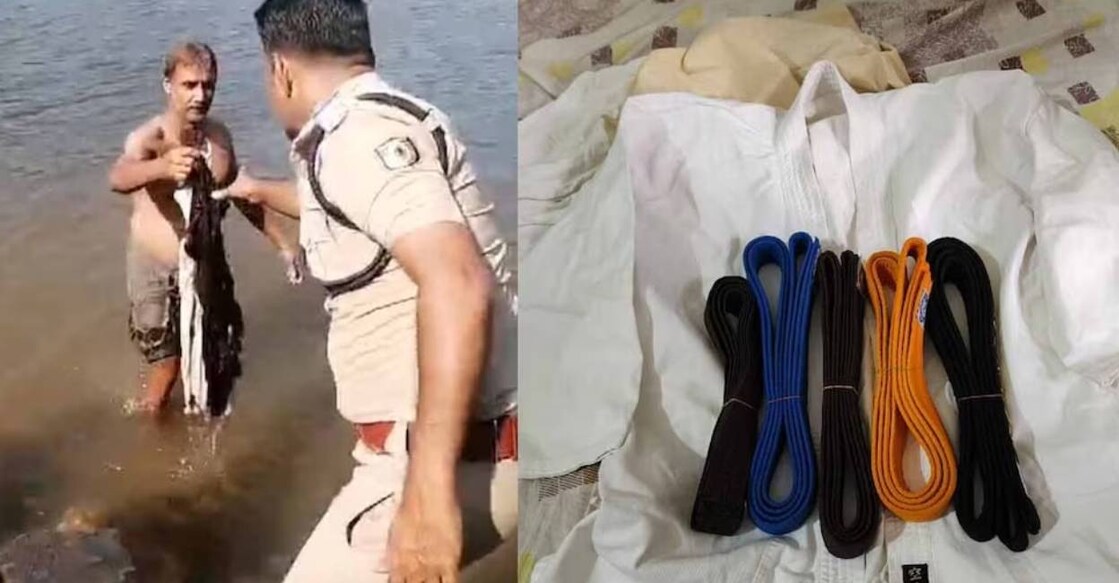 1) A cop collects dresses recovered from the river 2) karate uniform of the deceased girl. Photo: Manorama