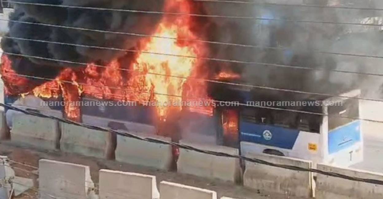 The running bus caught fire around 9.15 am on Friday at Kayamkulam. Photo: Manorama News