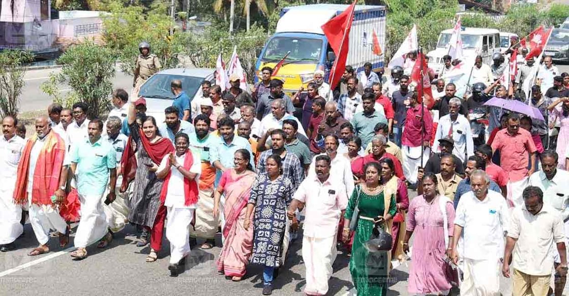 ldf-local-bypoll LDF candidate celebrates with supporters in Vellar ward of Thiruvananthapuram. Photo: Manorama
