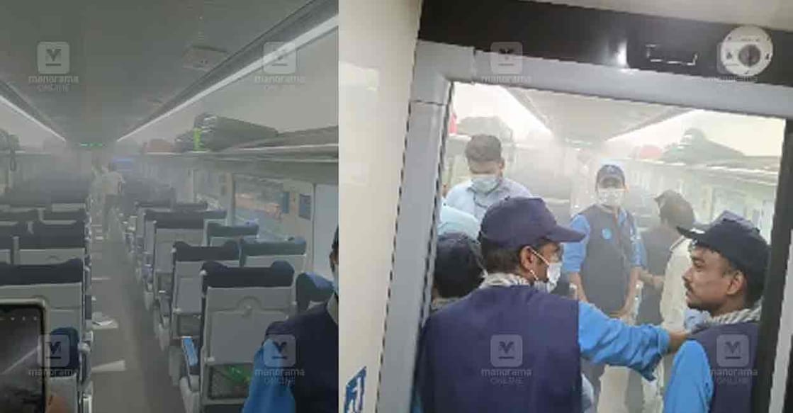 Smoke arises inside Thiruvananthapuram-Kasaragod Vande Bharat Express. Photo: Manorama