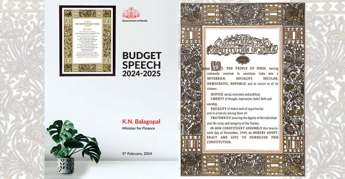 The cover of the Kerala budget document (left) and the preamble of the Indian Constitution. 