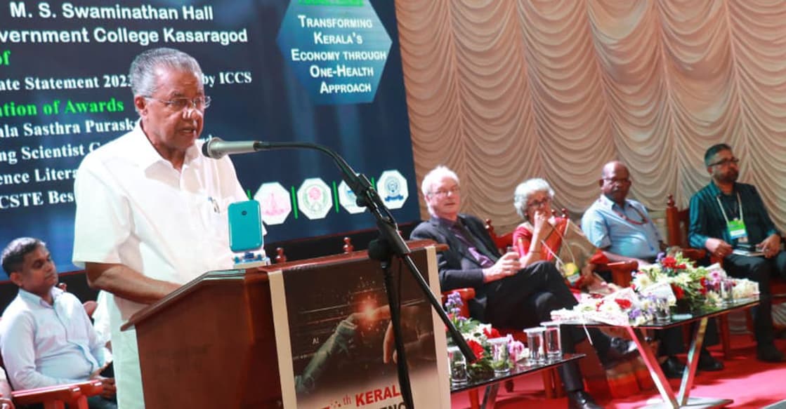 Kerala Chief Minister Pinarayi Vijayan speaks during the inauguration of the 36th Kerala Science Congress at Kasaragod Government College on Friday. Photo: Special arrangement