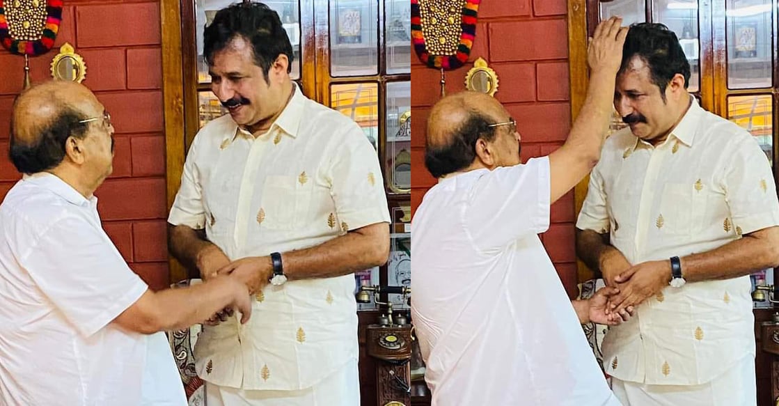 G Sudhakaran offered his blessings to A M Ariff when the LDF candidate visited him at his house at Kalarkode in Alappuzha on Thursday. Photos: Special arrangement