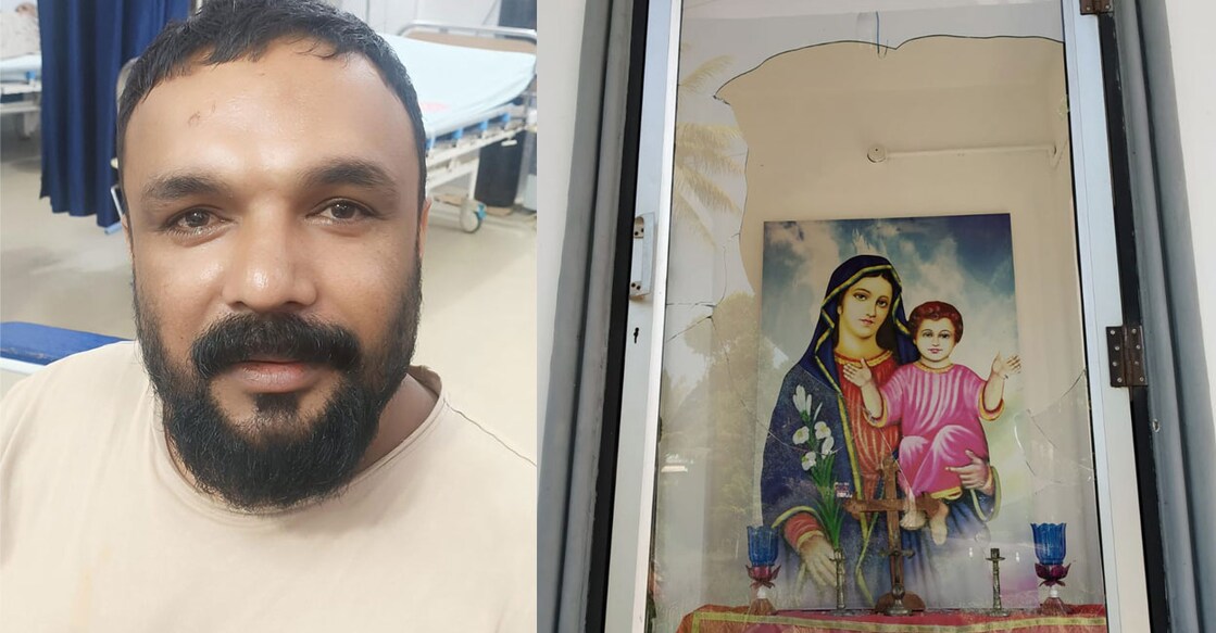 Jobin Jose (left) and the broken glass window of a shrine. Photos: Special arrangement