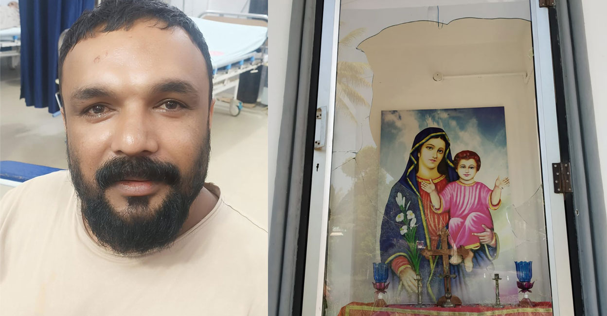 Jobin Jose (left) and the broken glass window of a shrine. Photos: Special arrangement